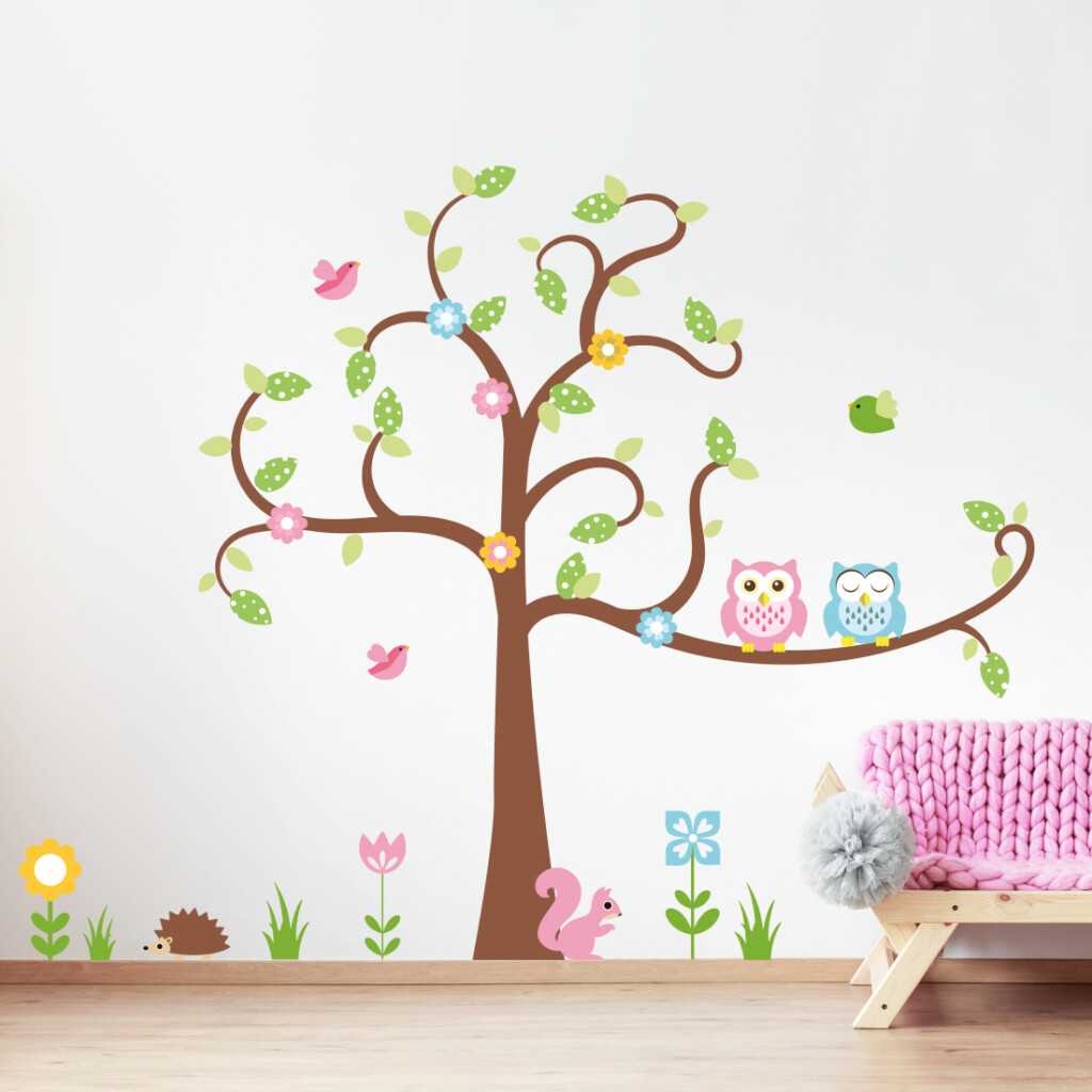 muursticker-boom-uilen-vogels-egel-dieren-bos- muursticker-boom-uilen-vogels-egel-dieren-bos-