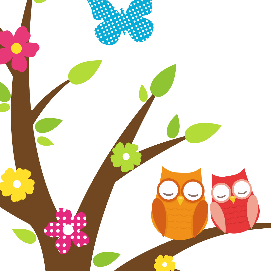 uilen-boom-muursticker-vlinders-groen-kinderkamer Muursticker boom met uilen en vlinders voor de kinderkamer - Afbeelding 2