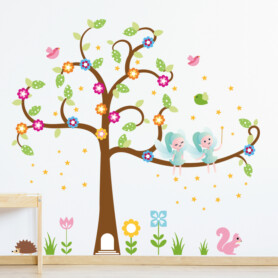 muursticker elfenboom kinderkamer meisjeskamer roze kleurrijk elfjes elfen vogels sterren