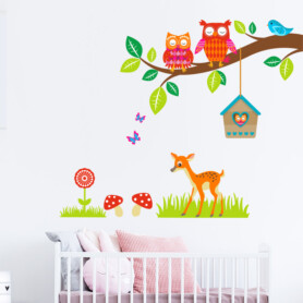 muursticker-dieren-kinderkamer-boom-uiltjes-hert-babykamer