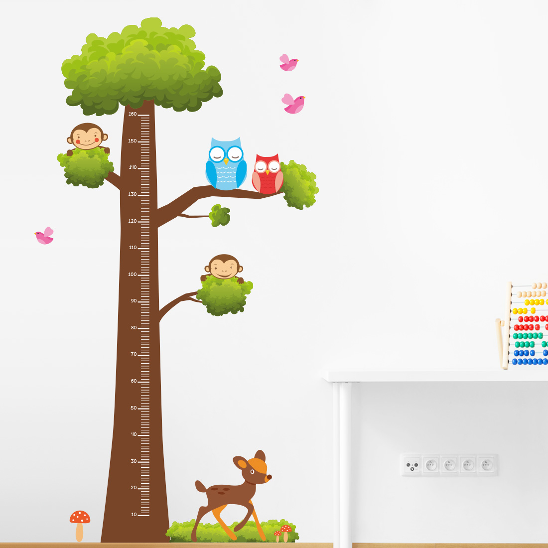 muursticker-groeimeter-kinderkamer-vrolijk-kleurrijk-apen-uilen-vogels Muursticker groeimeter boom kinderkamer