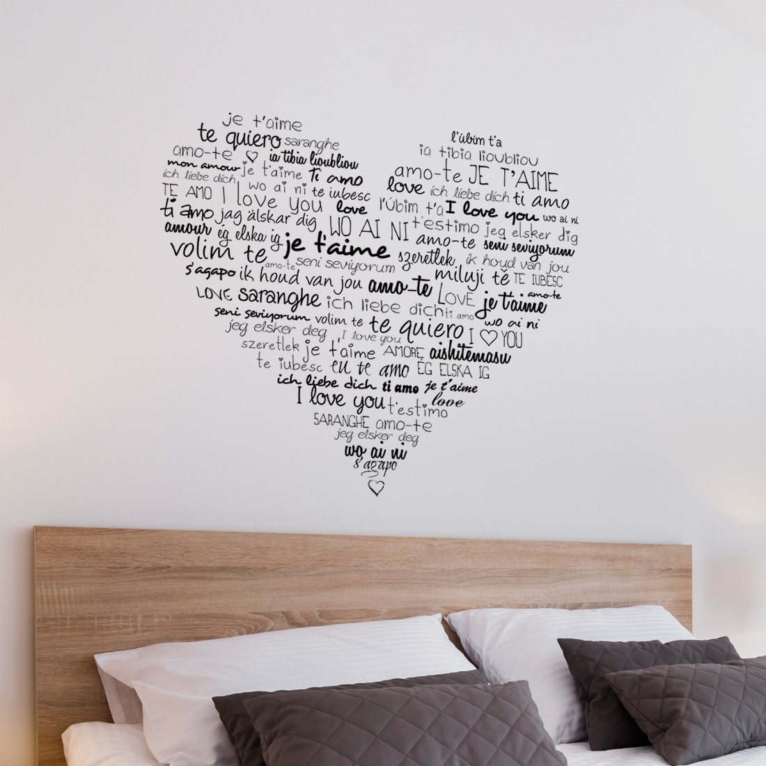 tekst-hart-muursticker-zwart Muursticker hart met tekst "love, ik hou van jou" en veel andere talen - Afbeelding 2