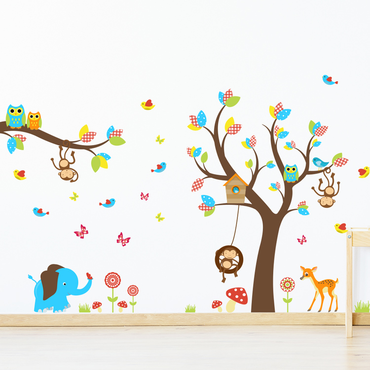 muursticker-boom-met-dieren-hert,-olifant-aapjes-uilen-vogels-vlinders-bloemen-bruin-kleurrijk-geel-blauw-roodkinderkamer muursticker-boom-met-dieren-hert,-olifant-aapjes-uilen-vogels-vlinders-bloemen-bruin-kleurrijk-geel-blauw-roodkinderkamer