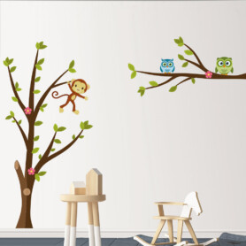 Muursticker boom met uilen & aap voor de kinderkamer Muursticker boom met uilen & aap voor de kinderkamer