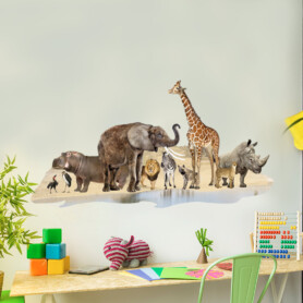 afrikaanse-dieren-muursticker-leeuw-olifant-giraffe-neushoorn-luipaard-zeebra-hyena muursticker afrikaanse dieren olifant giraffe zebra leeuw nijlpaard neushoorn struisvogel drinken bij oase in jungle