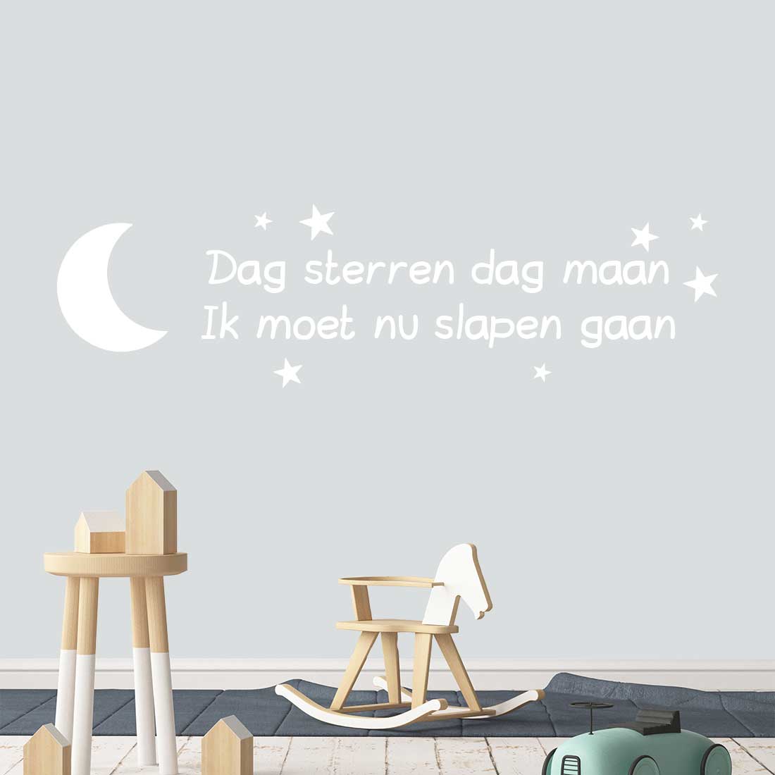 dag-sterren-dag-maan-jongenskamer Muursticker "Dag sterren dag maan ik moet nu slapen gaan" met maan en sterren - Afbeelding 2