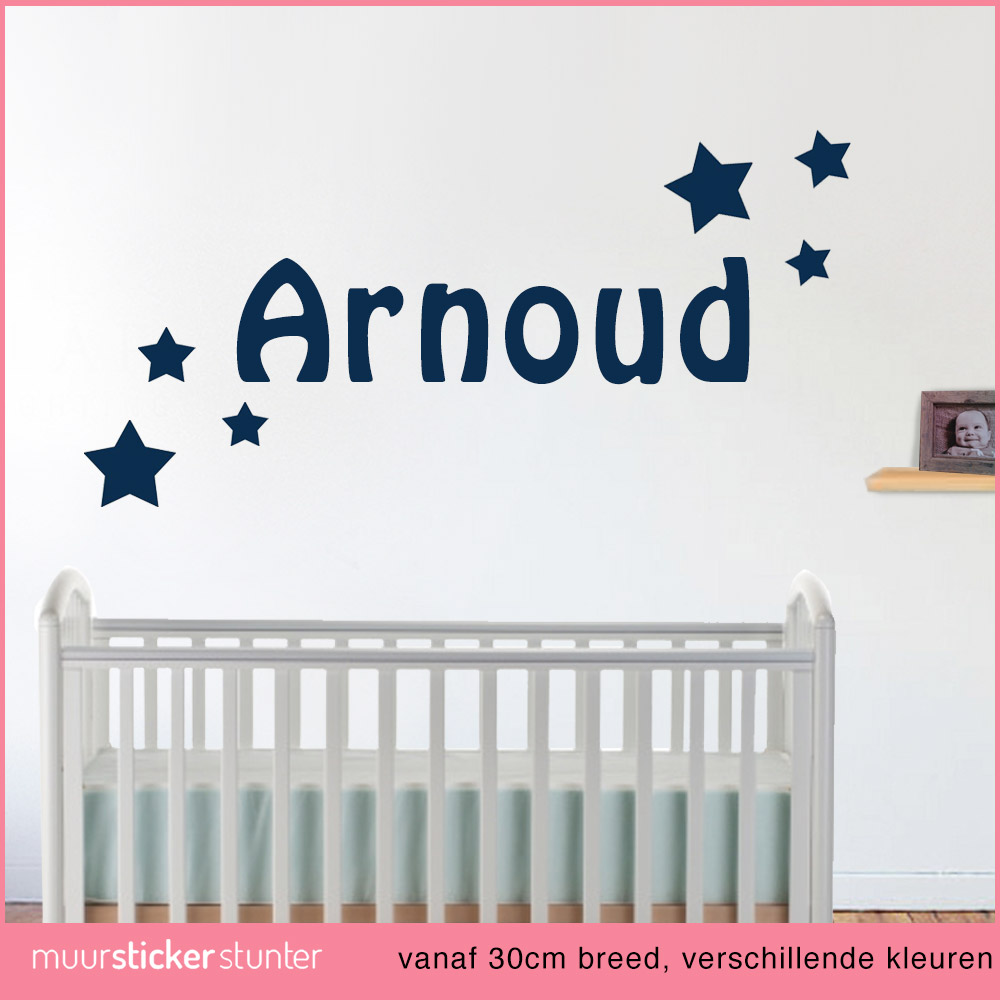 Muursticker naam met sterren babykamer kinderkamer blauw wit grijs zwart