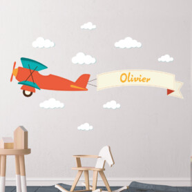 Dubbeldekker-vliegtuig-muursticker-naam-kinderkamer-kleurrijk-goedkoop-muurstickerstunter Dubbeldekker-vliegtuig-muursticker-naam-kinderkamer-kleurrijk-goedkoop-muurstickerstunter