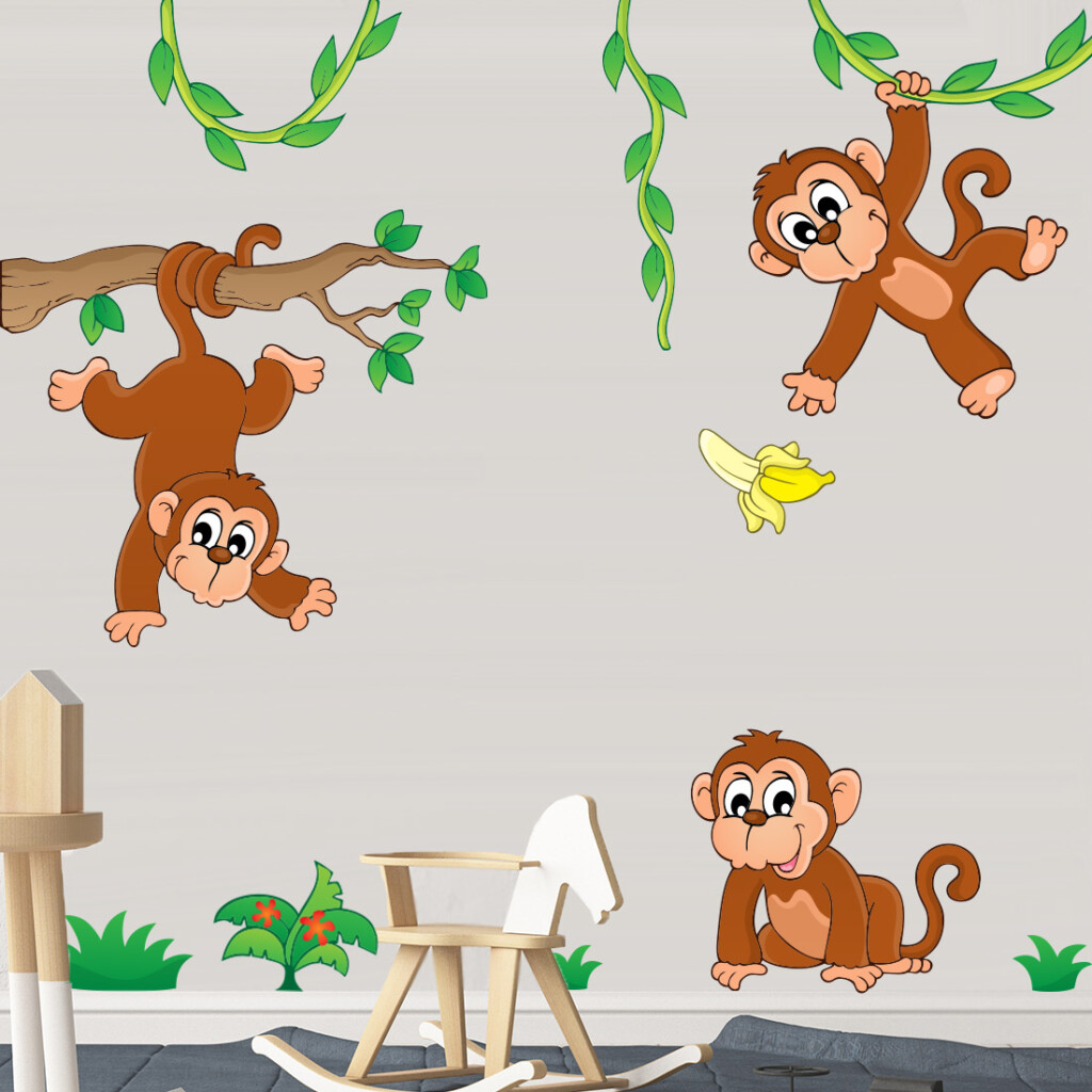apen-op-tak-muurstickers-kinderkamer-vrolijk-goedkoop-slingeren-bladeren-groen-kinderkamer apen-op-tak-muurstickers-kinderkamer-vrolijk-goedkoop-slingeren-bladeren-groen-kinderkamer