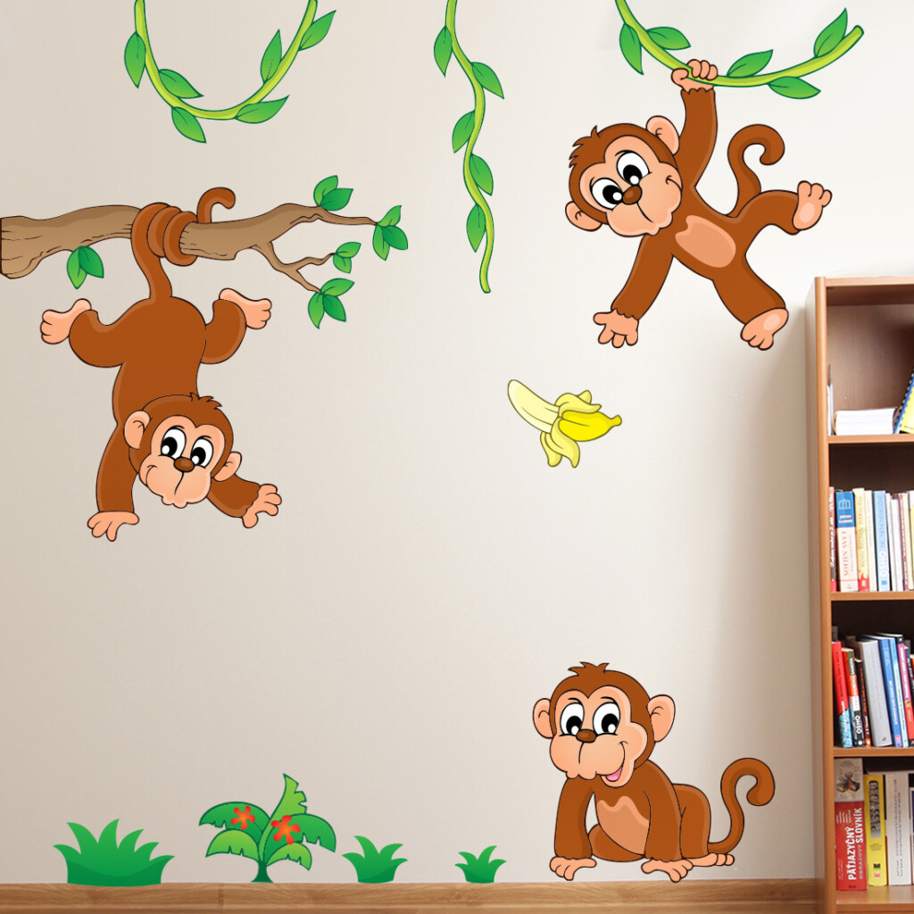 slingerende-apen-muurstickers-kinderkamer-vrolijk-aap slingerende-apen-muurstickers-kinderkamer-vrolijk-aap