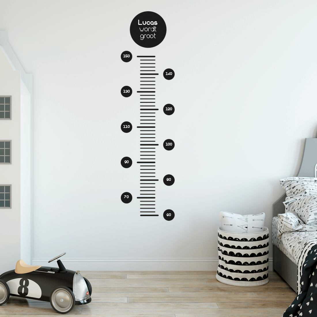 groeimeter-muursticker-zwart-lengte-meter-kind-groei-bijhouden Groeimeter sticker met naam - Afbeelding 2