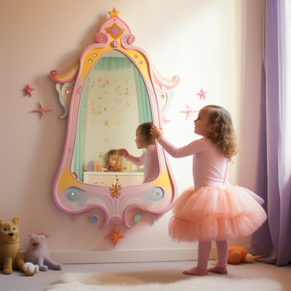 Magische wandspiegel voor prinsessenkamer van een peuter Magische wandspiegel voor prinsessenkamer van een peuter