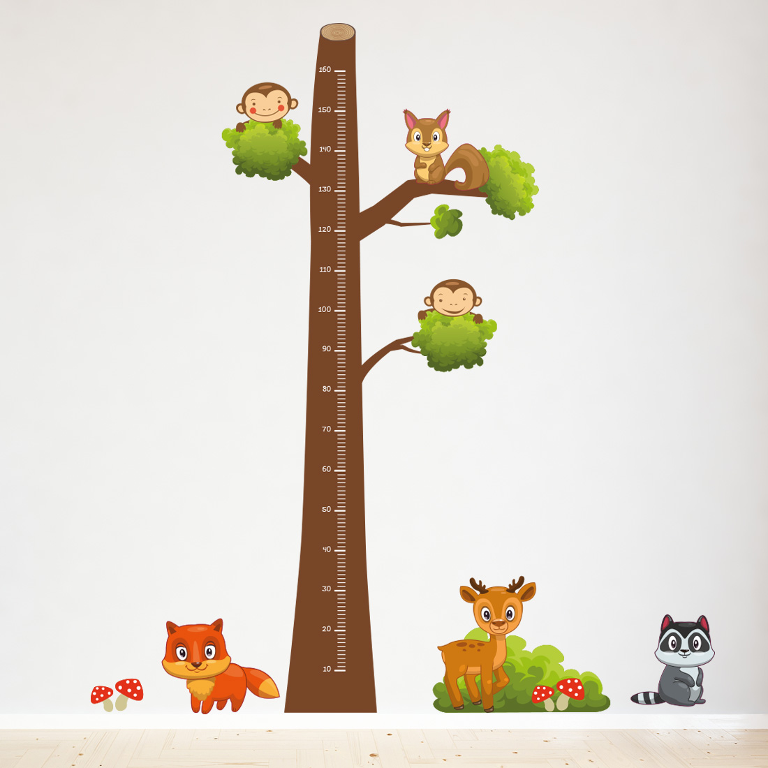 muursticker-groeimeter-kinderkamer-dieren-apen-hert-vos Muursticker groeimeter bosdieren
