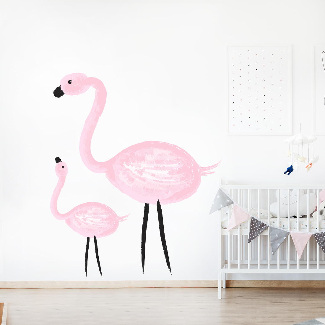 muursticker-flamingo-met-baby Muursticker Flamingo met baby