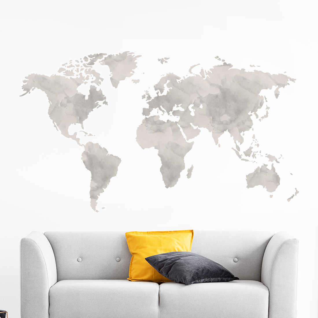 Muursticker-wereldkaart-aquarel-grijs-waterverf Muursticker wereldkaart aquarel grijs