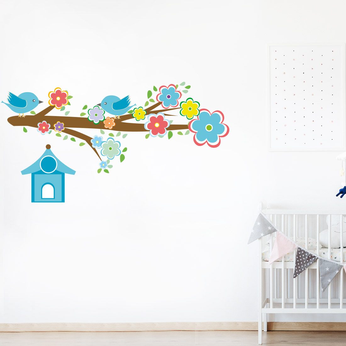 muursticker-vogels-op-tak-jongenskamer-blauw Muursticker met vogels op tak voor jongenskamer