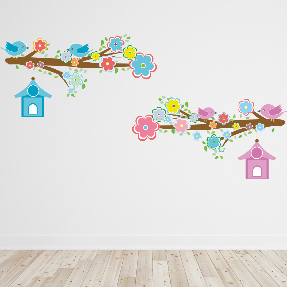 muursticker-vogels-op-tak-kinderkamer-speelkamer-babykamer Muursticker met kleurrijke vogels op tak (twee stuks)