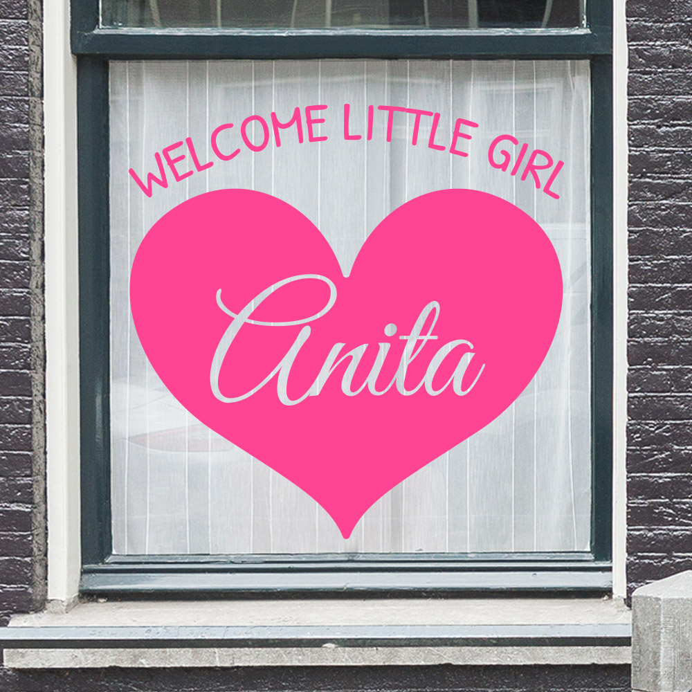 Geboortesticker-met-naam-hart-welcome-little-girl-raamsticker Geboortesticker welcome little girl met eigen naam