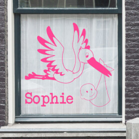 raamsticker-geboortesticker-meisje-roze-ooievaar-naam-met raamsticker-geboortesticker-meisje-roze-ooievaar-naam-met