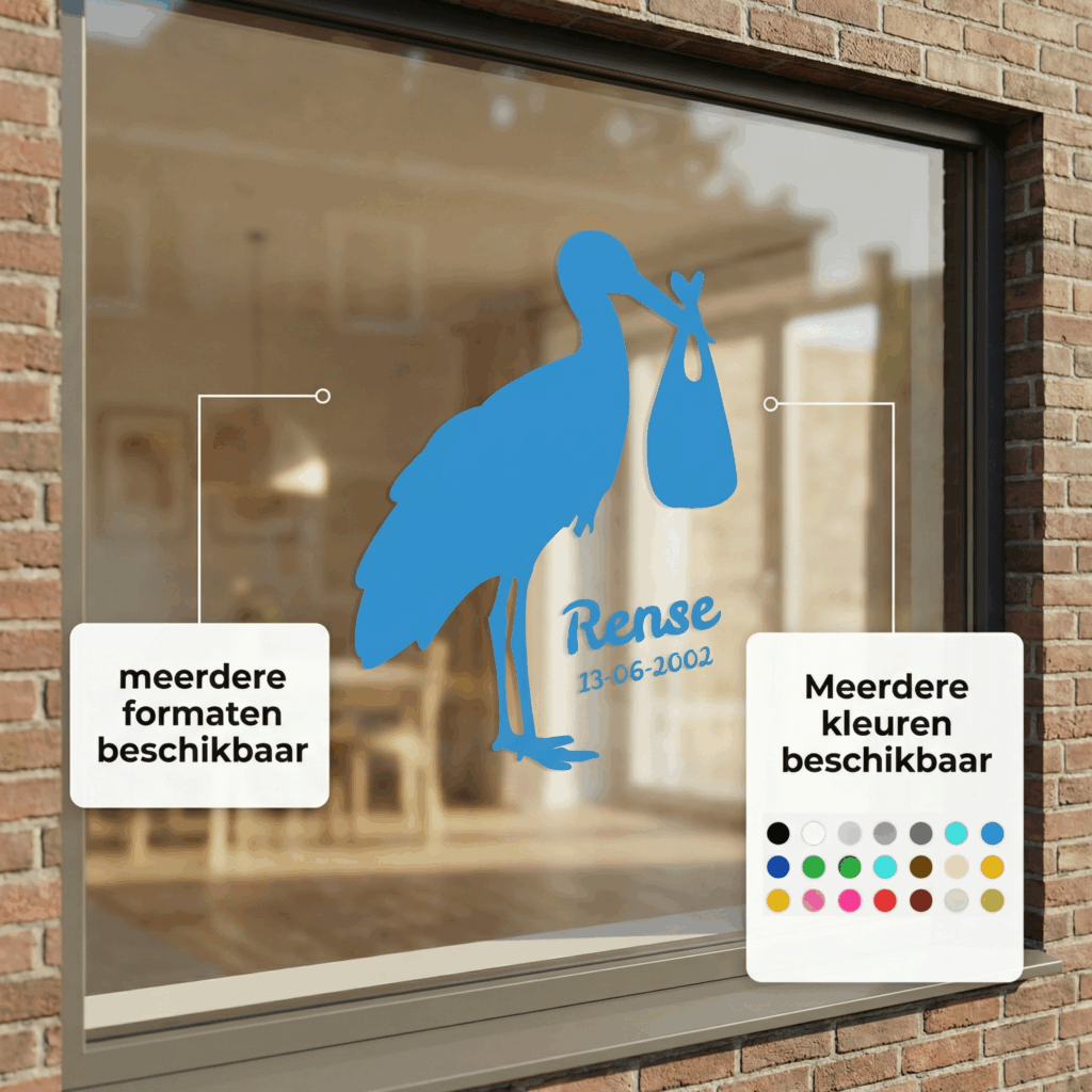geboortesticker raam ooievaar met naam en datum raamsticker