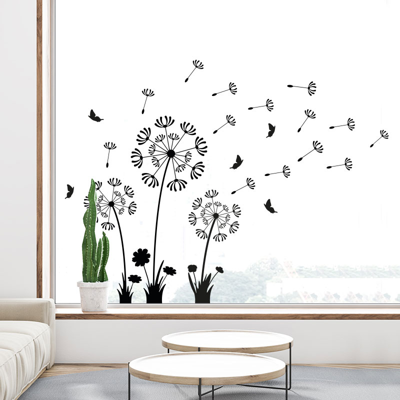 raamsticker-paardenbloem-zwart-wit-groot-pluisjes-glas-stikker Raamsticker / muursticker paardenbloem met vlinders