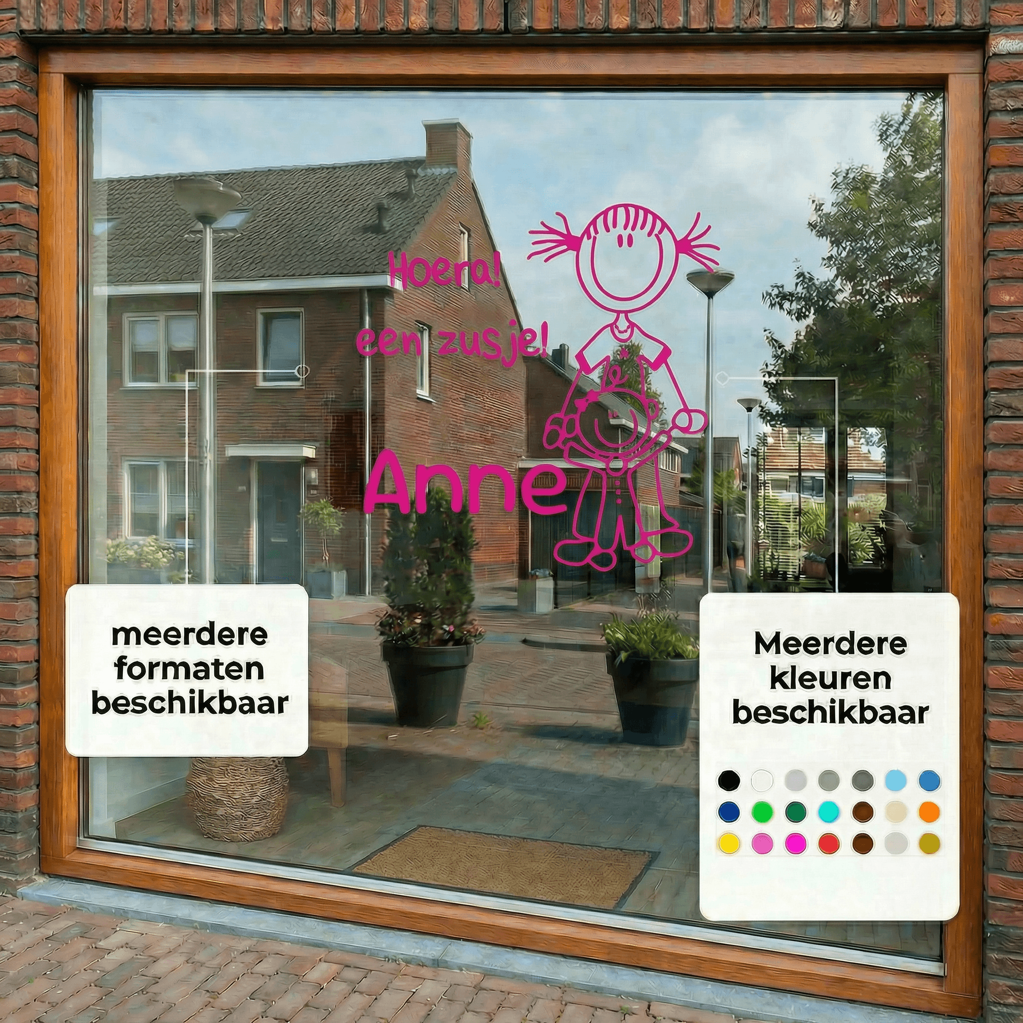Geboortesticker “Hoera een zusje” met naam Geboortesticker "Hoera een zusje" met naam