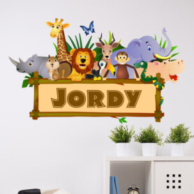 muursticker jungle dieren naamsticker giraffe olifant aap hert vlinder leeuw nijlpaard eekhoorn