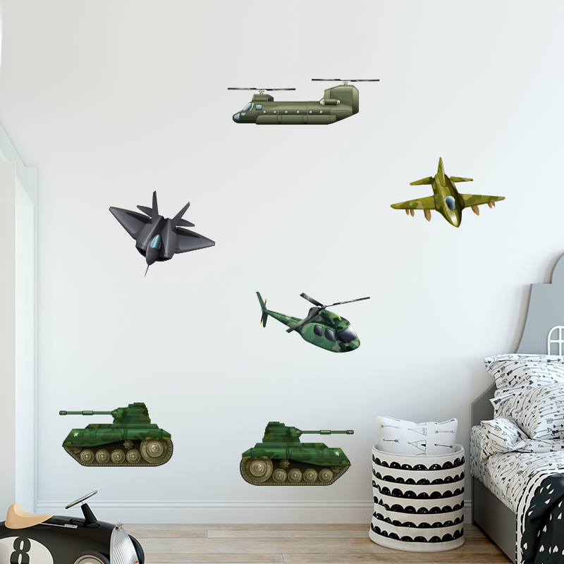 leger voertuigen set muursticker leger voertuigen auto vliegtuig tank straaljager f16 stoer kinderkamer