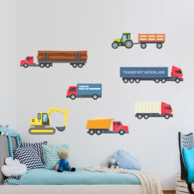 muursticker werkvoertuigen kinderkamer stoer kleurrijk vrachtwagen shovel graafmachine laadbak hout truck tractor trekker muursticker werkvoertuigen kinderkamer stoer kleurrijk vrachtwagen shovel graafmachine laadbak hout truck tractor trekker