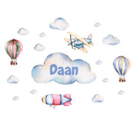 luchtbalonnen vliegtuig muursticker wolken zeppelin babykamer blauw naamsticker inspiratie ideeen verven acessoires