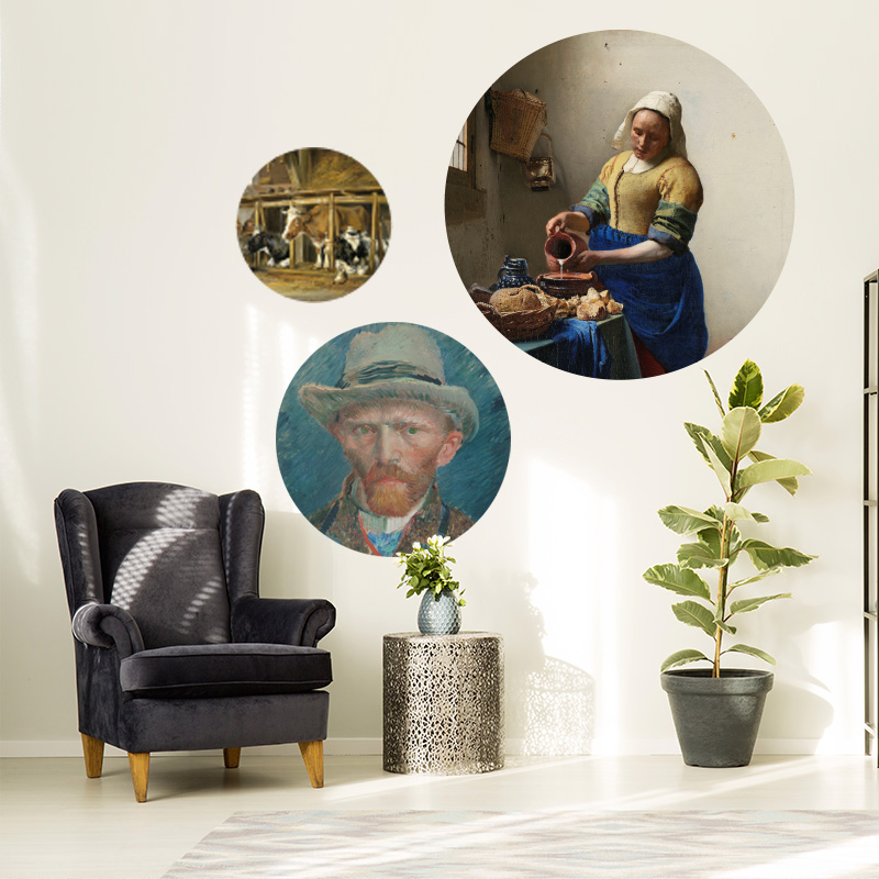 muurcirkel set muurdecoratie woonkamer behangcirkel vermeer schilderij kunst van gogh melk meisje zelfportret koeien muurcirkel set muurdecoratie woonkamer behangcirkel vermeer schilderij kunst van gogh melk meisje zelfportret koeien