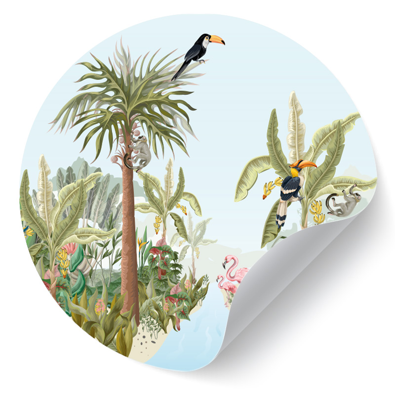 muurcirkel behangcirkel muurdecoratie wanddecoratie kunstwerk woonkamer schilderij inspiratie ideeen muurcirkel jungle toekan kinderkamer kleurrijk Muurcirkel jungle dieren bos - zelfklevende behangcirkel voor de kinderkamer of babykamer - Afbeelding 2