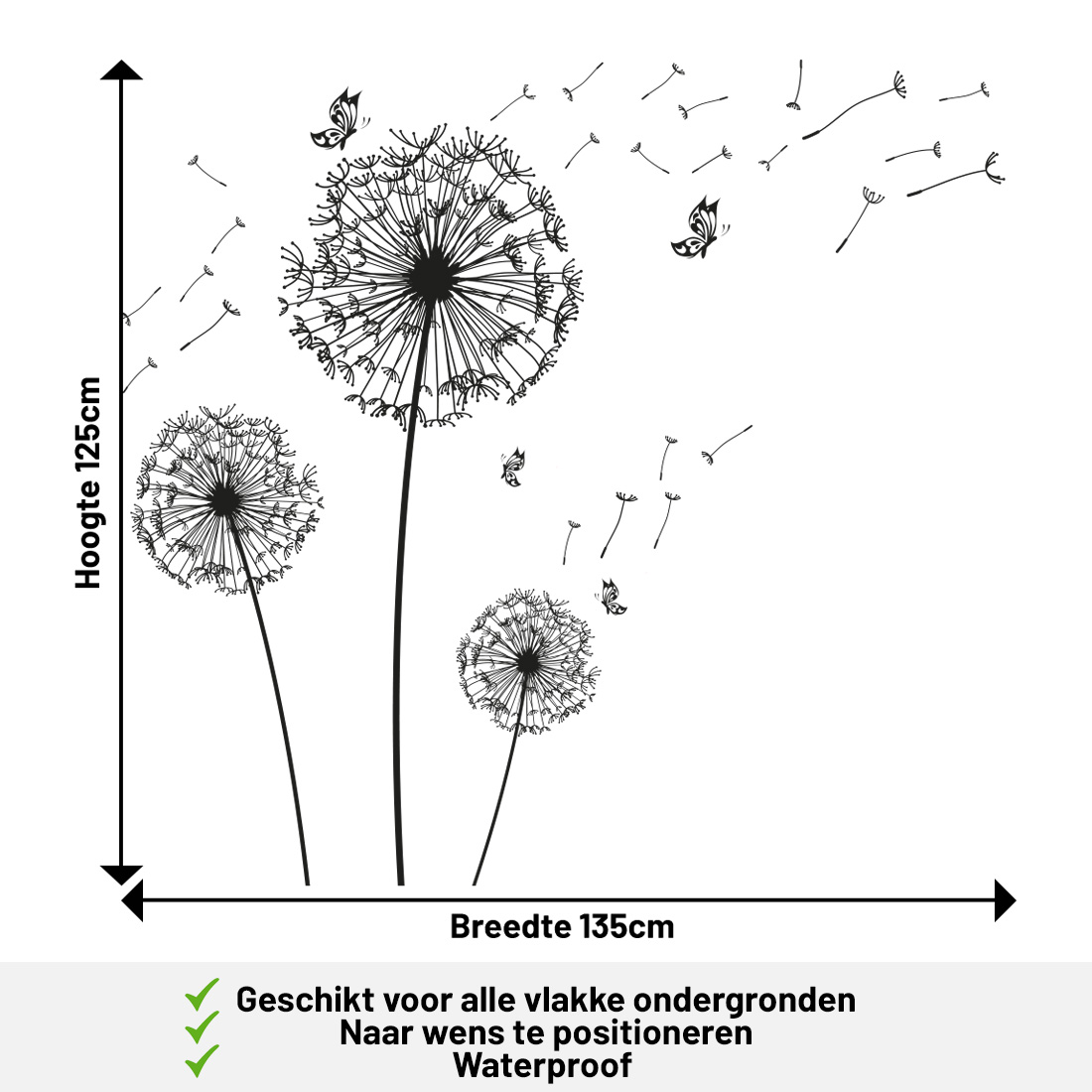paardenbloem-muursticker-wandsticker-wanddecoratie-muur-goedkoop-zwart-vlinders-natuur-zwart Muursticker paardenbloemen met vlinders - Afbeelding 2