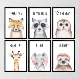babykamer dieren posters schattig ideeen kinderkamer vos giraffe uil luiaard olifant dream big stand tall