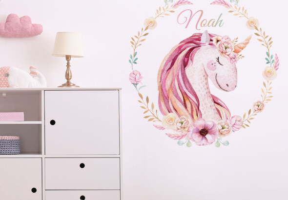 2muursticker unicorn met naam eenhoorn kinderkamer ideeen meisjeskamer roze waterverf watercolor ideas bloemen zachte kleuren