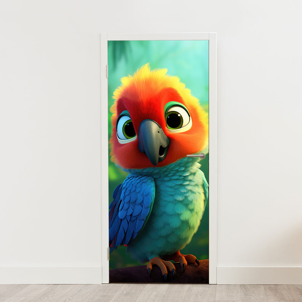 Deursticker deurposter baby papegaai jungle schattig Deursticker deurposter baby papegaai jungle schattig