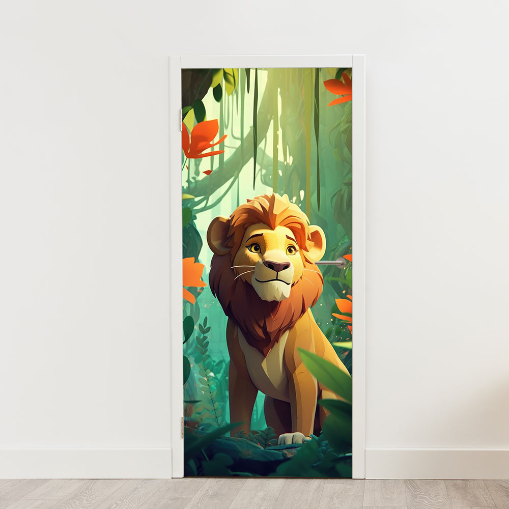 Deursticker cartoon leeuw jungle kleurrijk schattig creatief Deursticker cartoon leeuw jungle kleurrijk schattig creatief