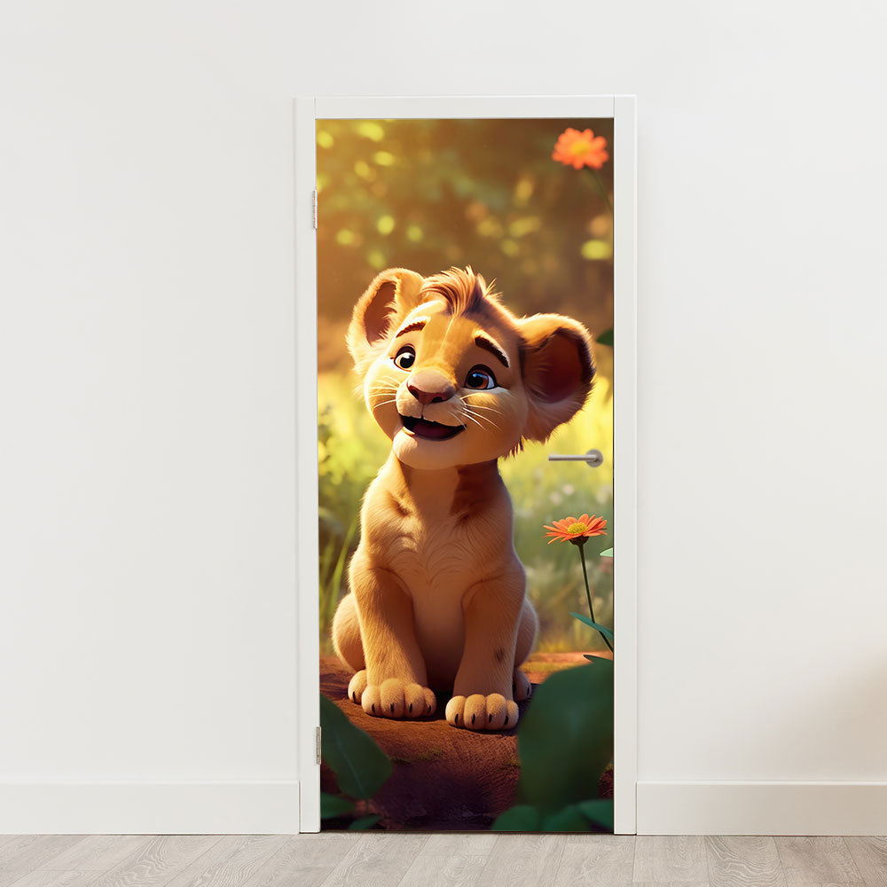 Deursticker leeuwen welp in jungle creatief natuur kinderkamer Deursticker leeuwen welp in jungle creatief natuur kinderkamer