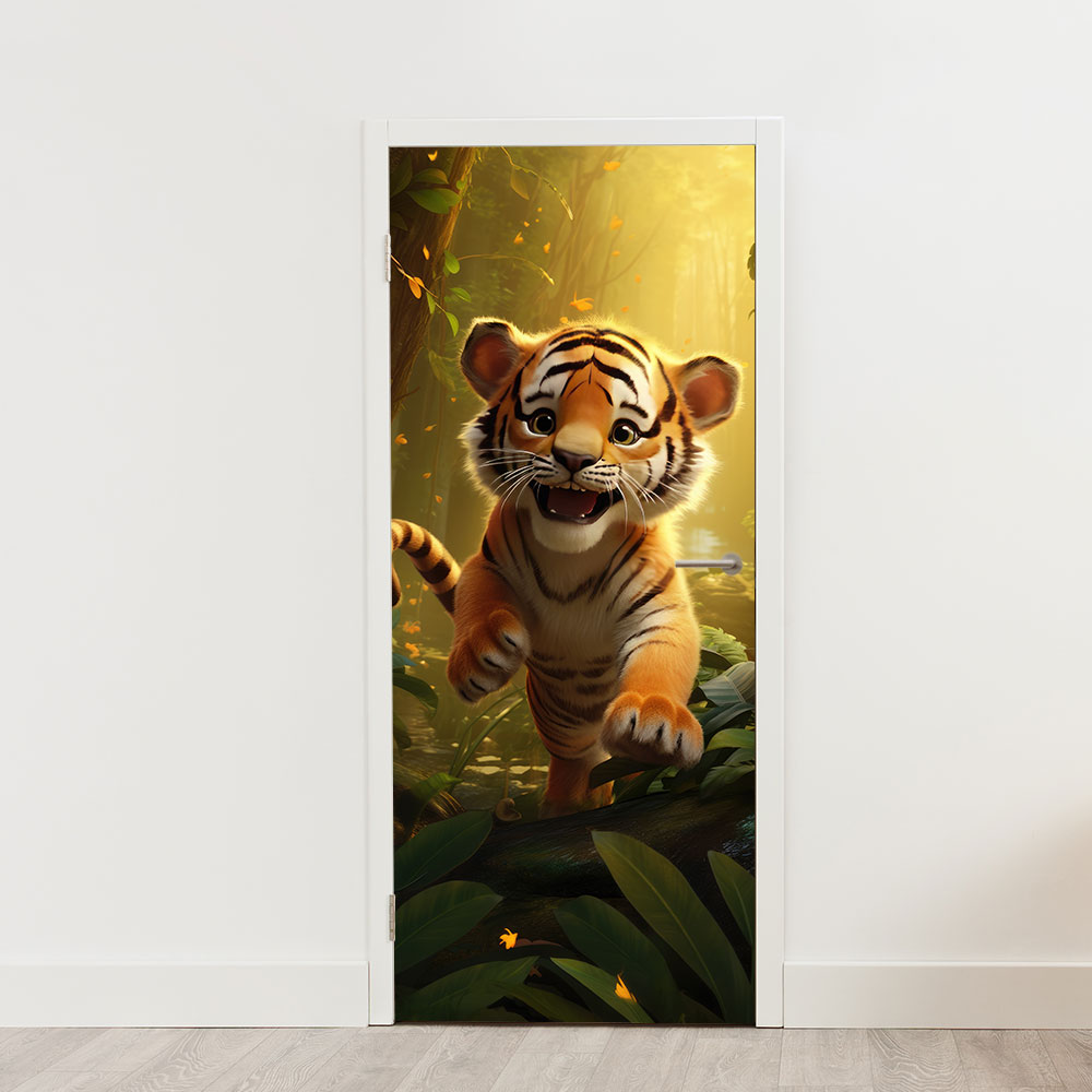 deursticker deurposter cartoon welpje in jungle schattig creatief deursticker deurposter cartoon welpje in jungle schattig creatief