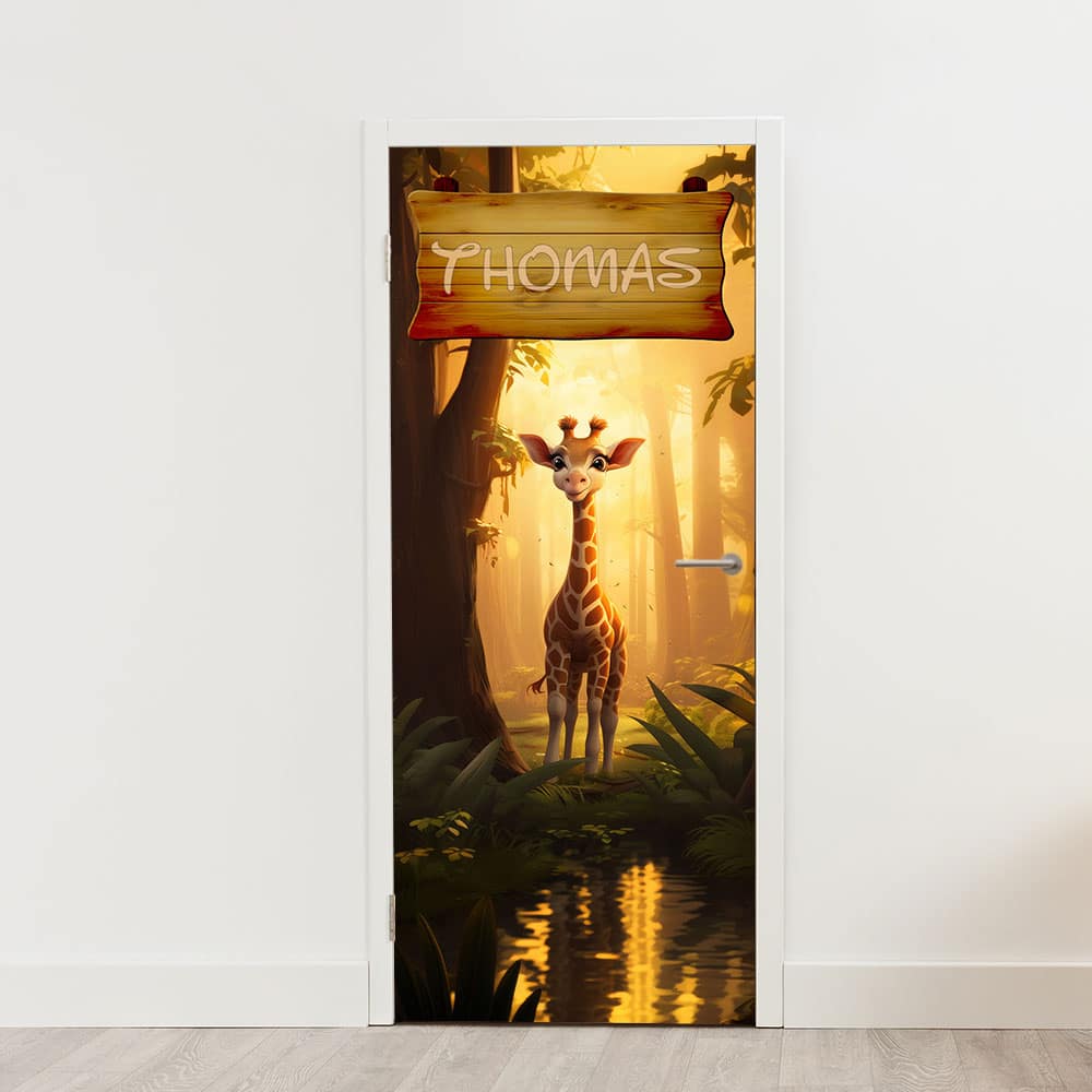giraffe met naam bordje deursticker jungle creatief kinderkamer Deursticker / poster cartoon giraffe in de jungle met naam - Afbeelding 2