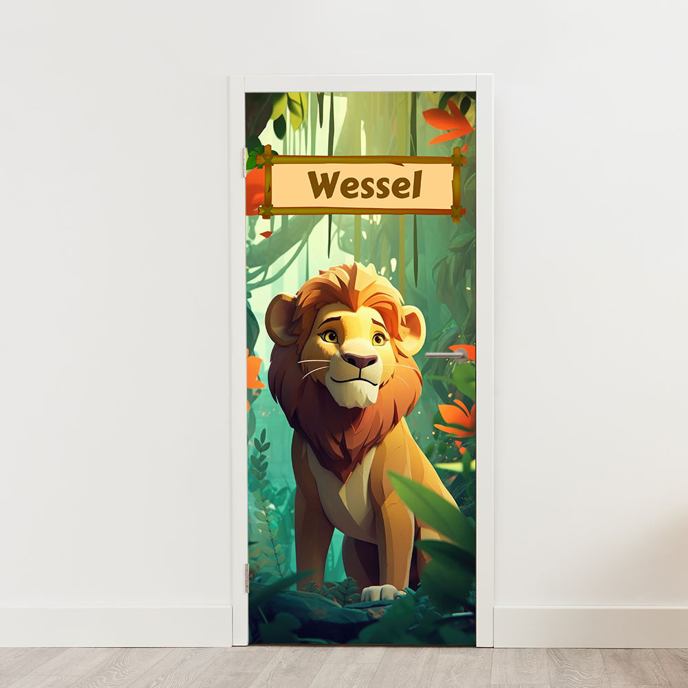 leeuw deurposter met naam jungle natuur creatief Deursticker / poster cartoon leeuw in de jungle met naam - Afbeelding 2