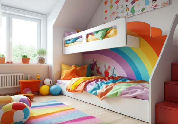 regenboog kinderkamer dekbed vloerkleed en muurdecoratie ideen inspiratie