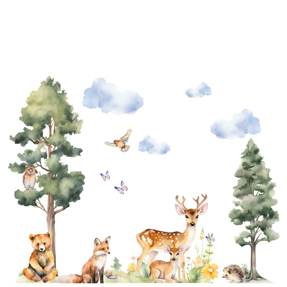 muursticker bosdieren bos dieren ideeen inspiratie hert beer vos konijn egel vogels bomen 2 waterverf stijl wolken vlinders uil muursticker bosdieren bos dieren ideeen inspiratie hert beer vos konijn egel vogels bomen 2 waterverf stijl wolken vlinders uil