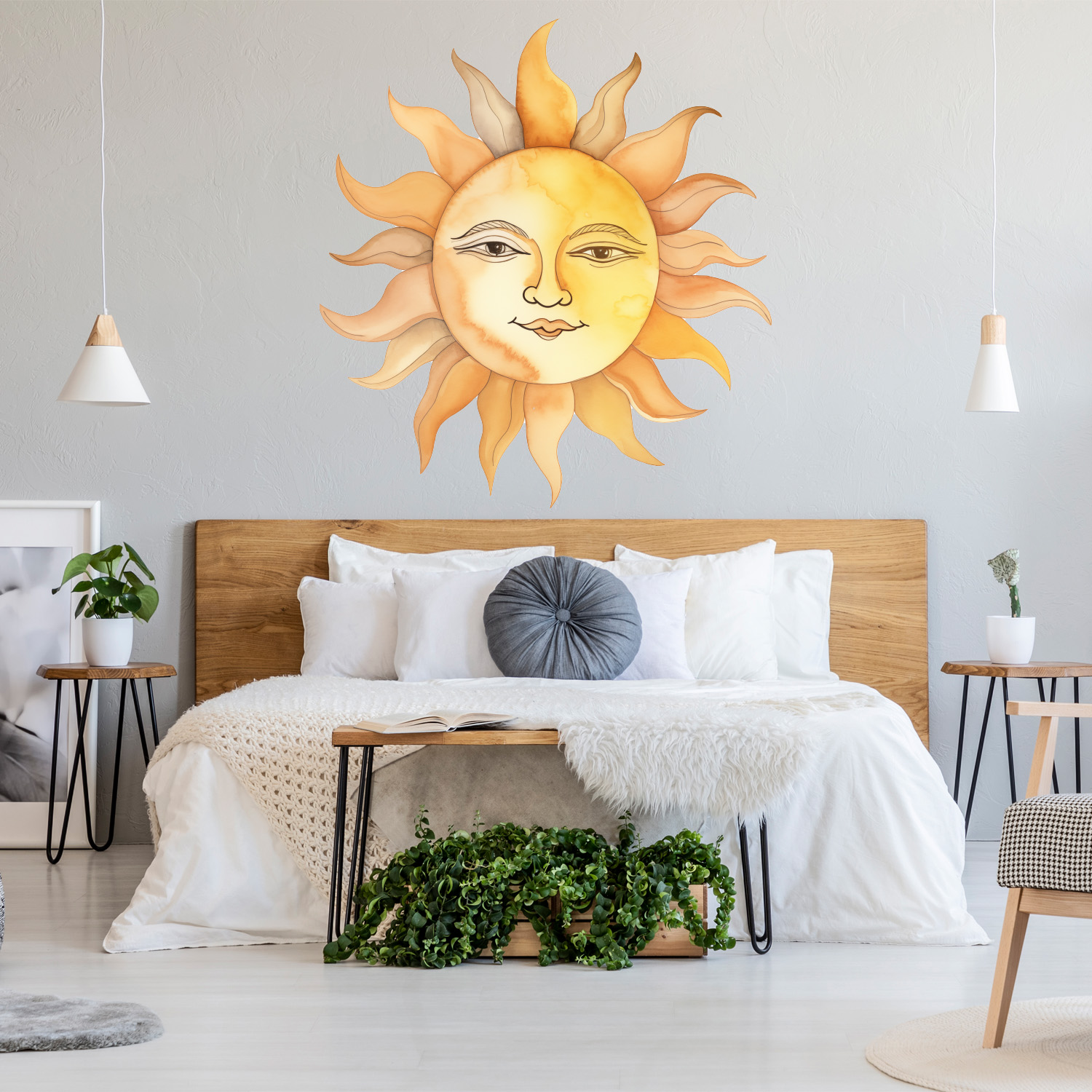 Muursticker zon met gezicht waterverf kinderkamer woonkamer creatief muurstickerstunter Muursticker zon met gezicht waterverf kinderkamer woonkamer creatief muurstickerstunter