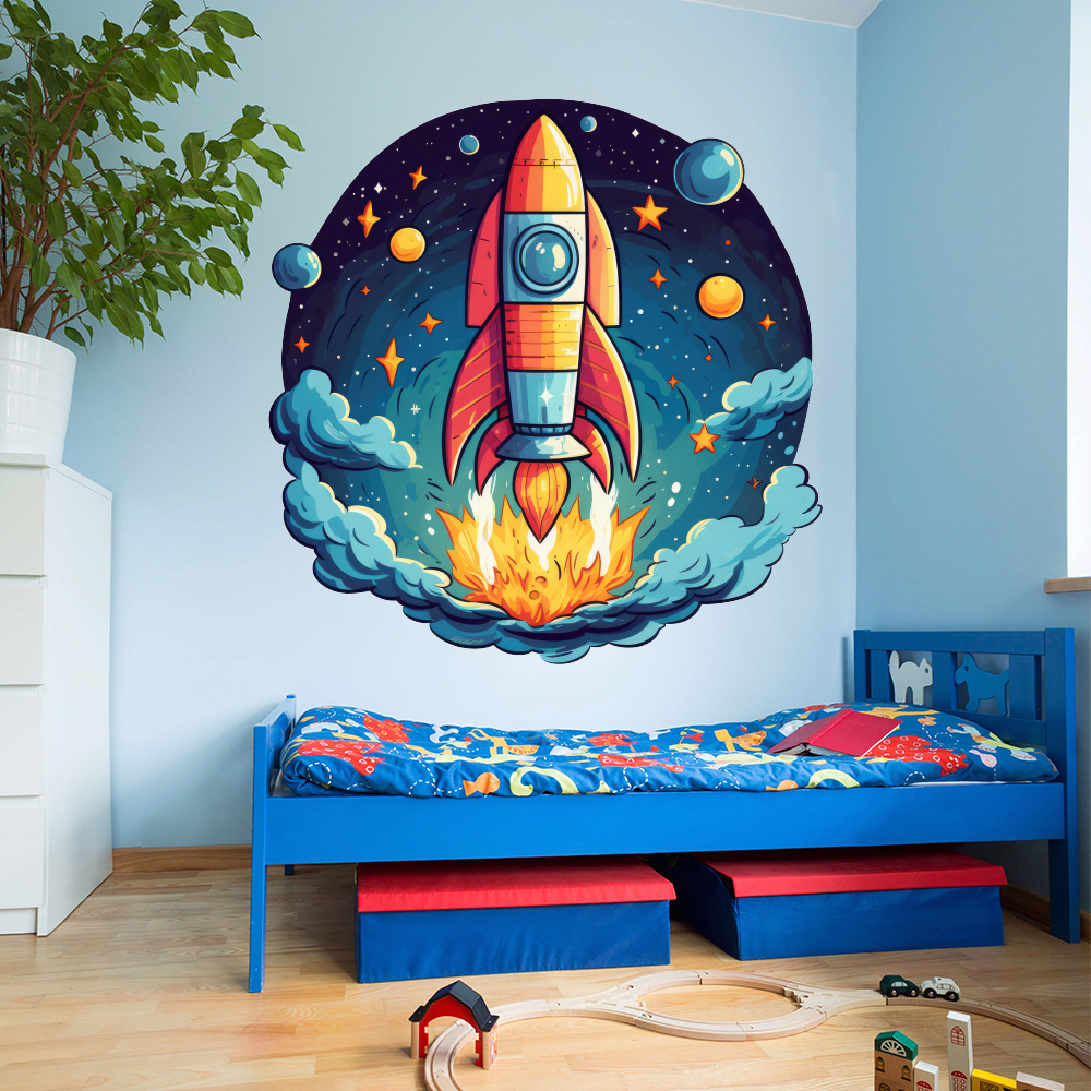 muursticker raket stijgt op ruimte sterren avontuur kleurrijk kinderkamer sfeerfoto muurstickerstunter.nl muursticker raket stijgt op ruimte sterren avontuur kleurrijk kinderkamer sfeerfoto muurstickerstunter.nl