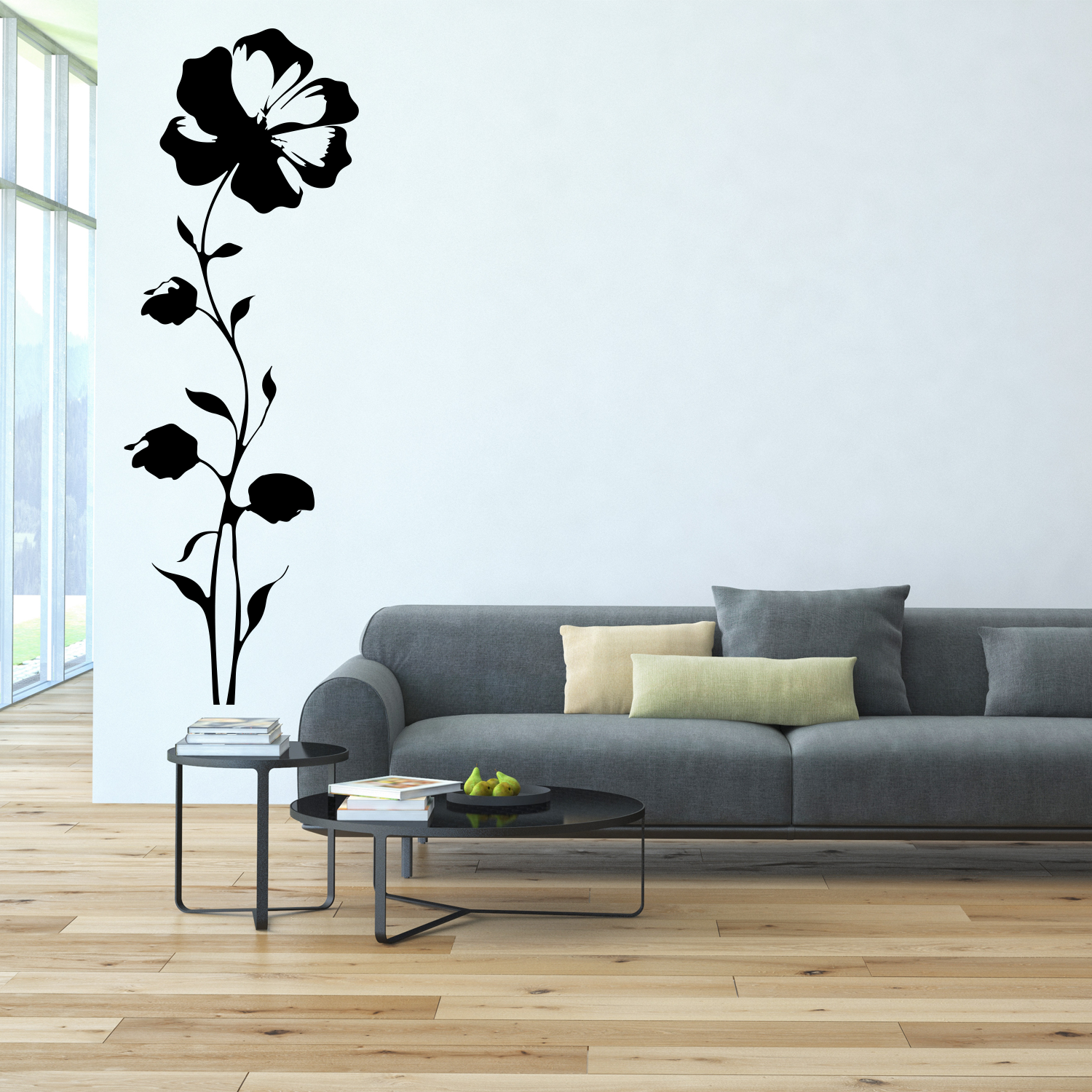 Muursticker woonkamer bloem zwart wit creatief sierlijk Muurstickerstunter Muursticker woonkamer bloem zwart wit creatief sierlijk Muurstickerstunter