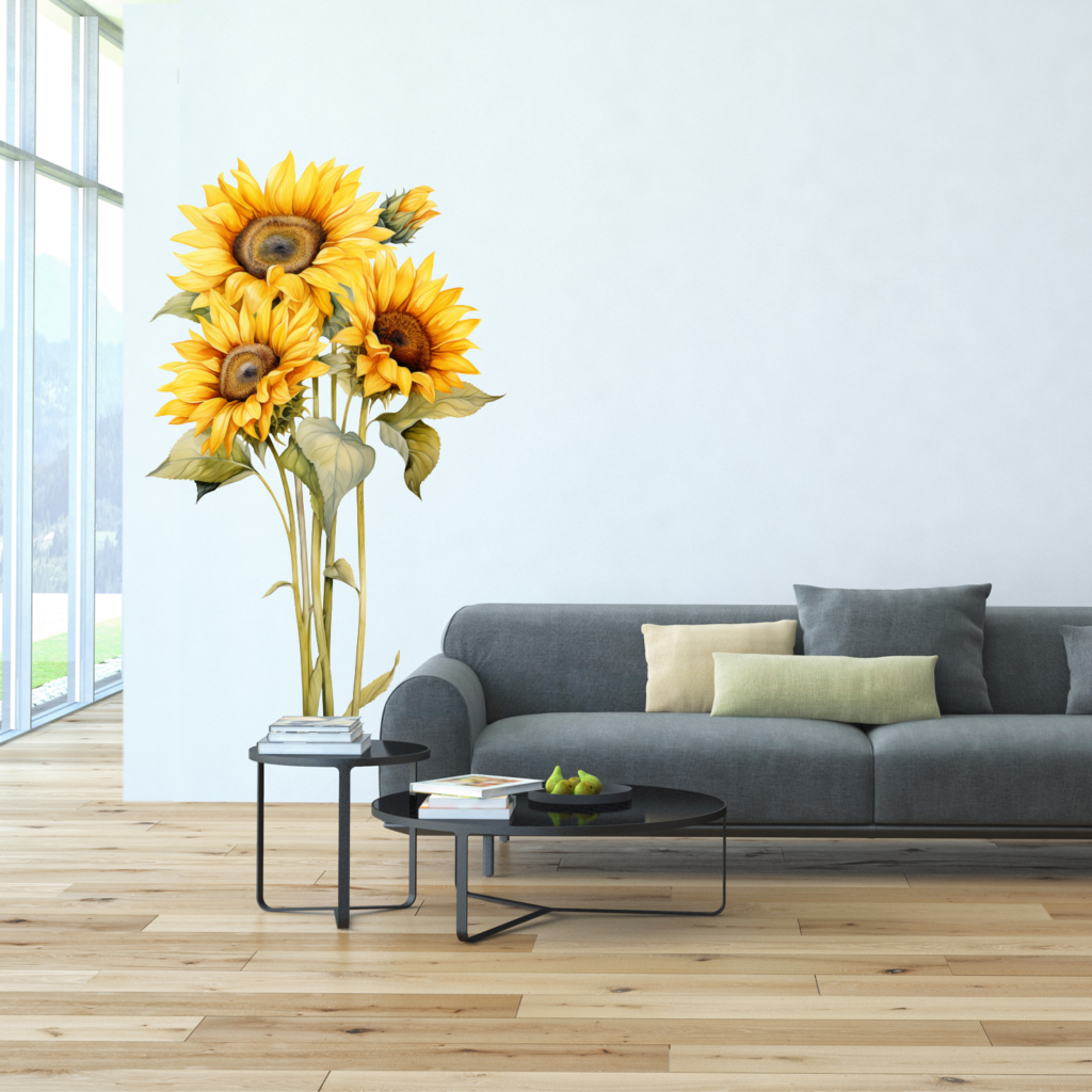 Muursticker woonkamer zonnebloem creatief sierlijk Muurstickerstunter