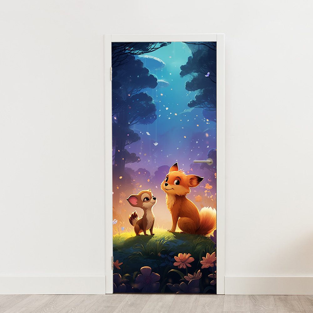 Hondje en vos deursticker poster schattig verliefd avondgloed kawaii cute muurstickerstunter Hondje en vos deursticker poster schattig verliefd avondgloed kawaii cute muurstickerstunter