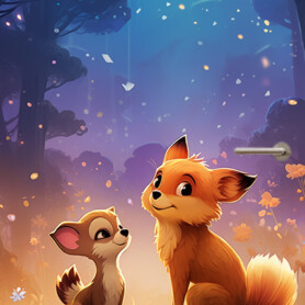 Hondje en vos deursticker poster schattig verliefd avondgloed kawaii cute muurstickerstunter
