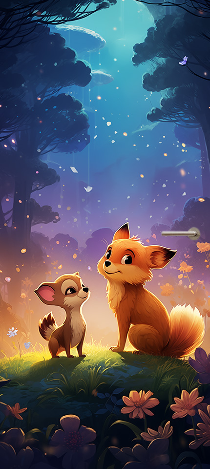 Hondje en vos deursticker poster schattig verliefd avondgloed kawaii cute muurstickerstunter Hondje en vos deursticker poster schattig verliefd avondgloed kawaii cute muurstickerstunter